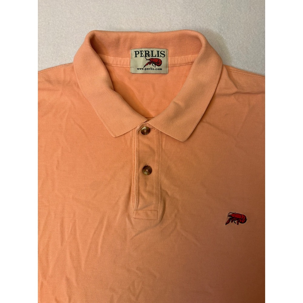 Perlis Mens Crawfish Logo Pique Polo Shirt Peach Orange Short Sleeve Size XL